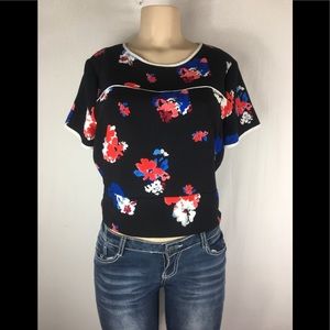 Vince Camuto Black Floral Crop Top with Red & Blue Accents